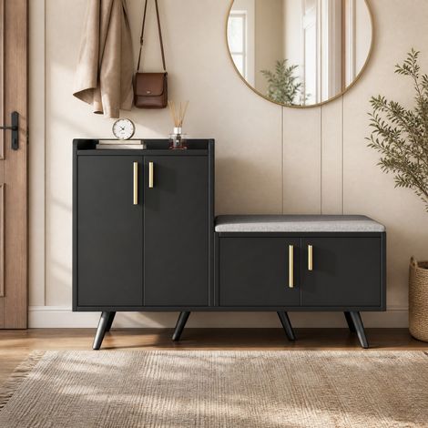 Mueble zapatero con banco, 4 puertas, cojín, negro y nogal oscuro HAVRYA (1/5)