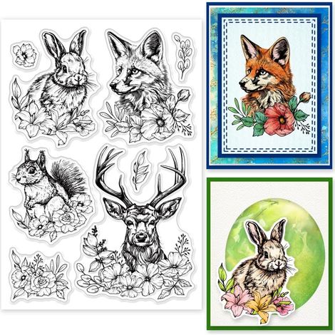 Tampons transparents réutilisables en silicone pour la fabrication de cartes - 16,3 x 11,9 cm - Motif animaux - Motif renard et écureuil - Pour décoration et bricolage, scrapbooking, album en (1/5)