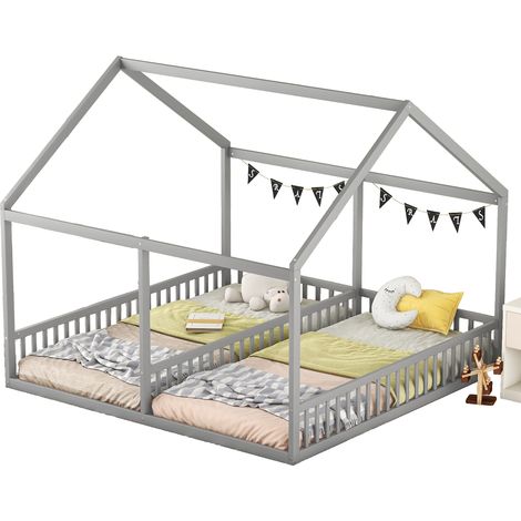 Lit cabane enfant 2 en 1 90 x 200 gris avec 2 couchages côte à côte, barrières de sécurité, structure en bois et MDF, design maison pour chambre CHICFURN (1/5)