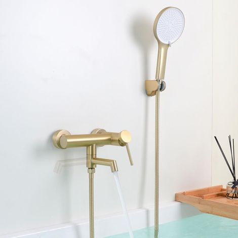 Robinet de Baignoire avec Douchette, Mitigeur Baignoire avec Bec Rotatif à 90°, Mitigeur Bain Douche Mural, Or Brossé, 15Y4OK (1/5)