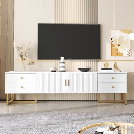 Mueble TV 175 x 30 x 46 cm con 4 cajones y 2 puertas, blanco, tiradores y patas dorados DESVIAE (1/5)