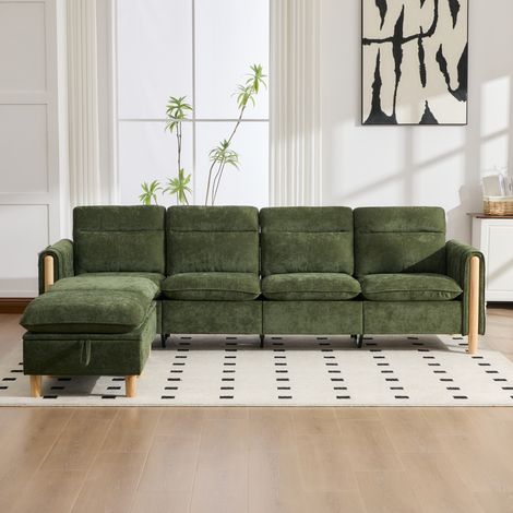 Sofá modular en U de 4 plazas con 2 pufs con almacenaje, chenilla verde, 261 cm, OKWISH (1/5)