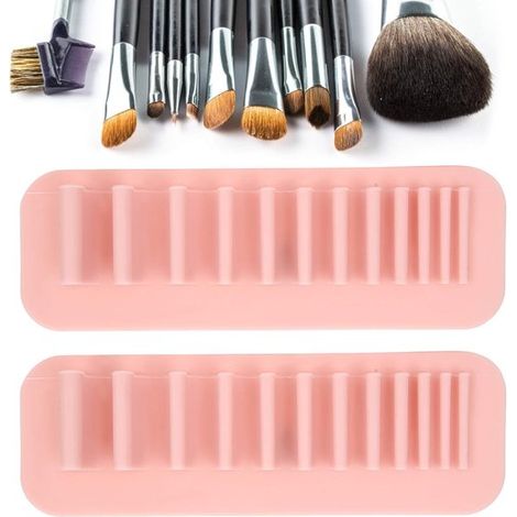 Set di 2 porta pennelli da trucco in silicone, da parete con ventosa, in silicone, con scomparti multipli per pennelli e spazzolini da denti. (1/5)