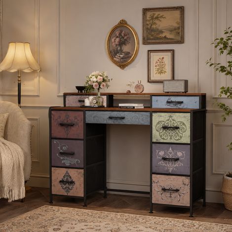 Coiffeuse vintage 121x40x92cm,9 tiroirs grande capacité,coiffeuse table,pieds réglables,table de maquillage,anti-basculement,pour chambres,salons et couloir,Bois,Couleur