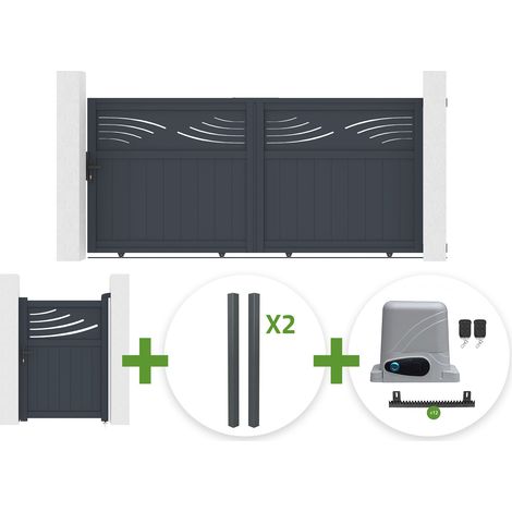 Portail coulissant 3m HALTI H.140cm aluminium gris + 4 poteaux ELDA + Portillon 1m HALTI H.140cm aluminium gris + motorisation Ranger C300 (1/5)