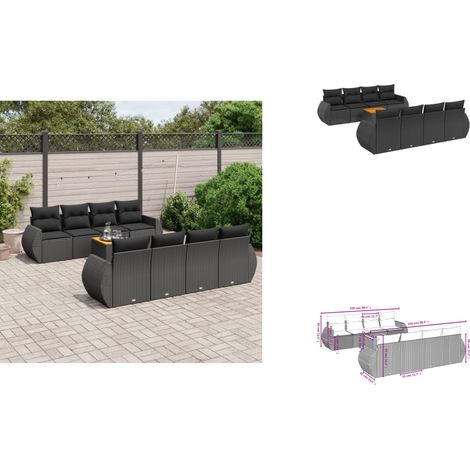 9-tlg. Garten-Sofagarnitur mit Kissen Schwarz Poly Rattan - Gartenmöbel - Outdoor Möbel - Rattan Gartenset - Lounge Set - Esstisch (1/3)