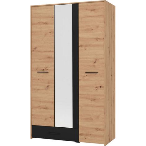 Kleiderschrank 3-türig Lavagnoo, Schlafzimmer-Garderobe, 1 Schublade, 5 Fächer, 119x53 cm Eichenholzoptik Braun mit Ästen