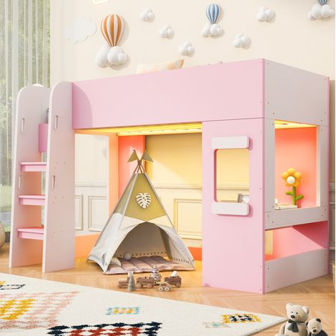Letto a soppalco 90 x 200 cm in MDF rosa con scrivania, illuminazione LED e sponda alta (1/5)