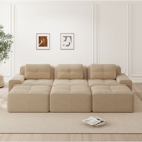 Divano angolare modulare beige in velluto a coste con funzione letto e 3 pouf, seduta profonda 74 cm (1/5)
