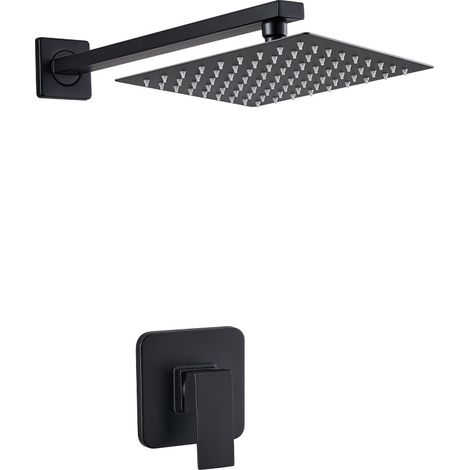 Kit de douche encastré noir mat 1 fonction avec boîtier pré-encastré, mitigeur douche encastrable mural, pomme de douche carrée 20 x 20 cm en acier inoxydable 304, bras de douche mural et façade carré (1/5)