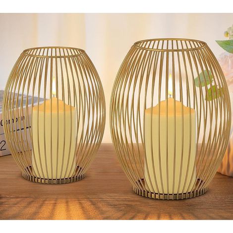 Kerzenständer 2er Set Gold, Metall, Vintage Windlicht für Stumpenkerzen (1/5)