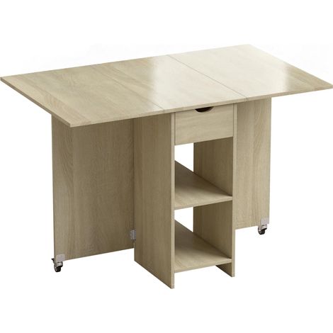 Folding Dining Table for 2-4, Rolling with Drawer, Natural Wood