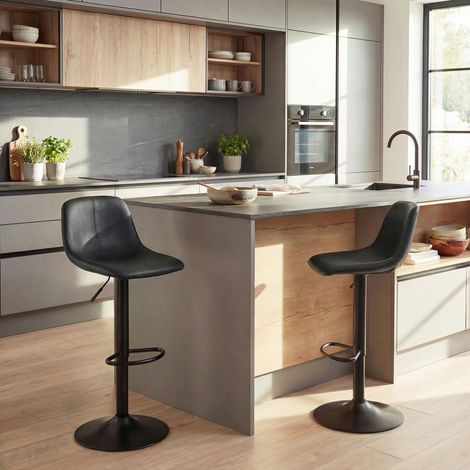 Lot de 2 tabourets de bar, chaises de bar hauteur réglable, dossier et repose-pieds, pivotant 360°, pieds en acier, noir (1/5)