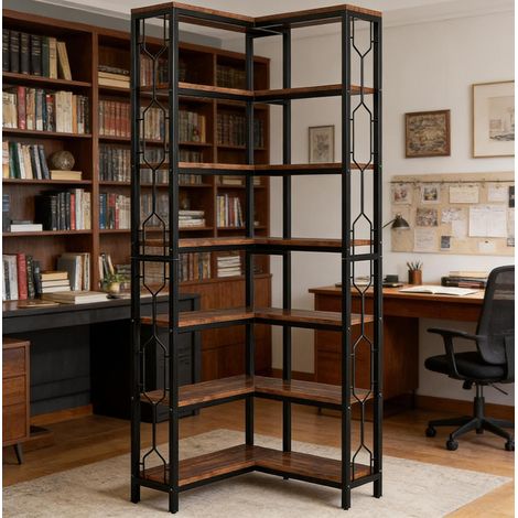 MEUBLIV Librería de esquina industrial negra y efecto madera, estantería alta de 7 niveles (1/5)
