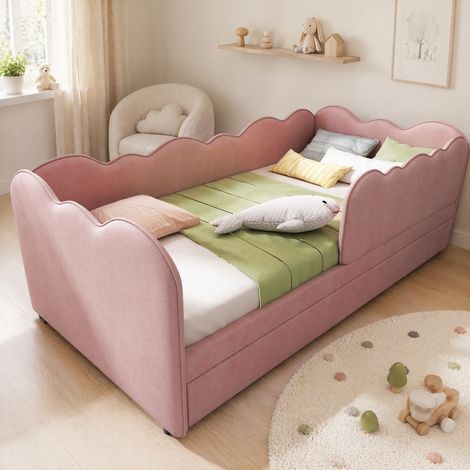 CHICFURN Cama nido 90x190 cm de terciopelo rosa para habitación infantil, sin colchón (1/5)