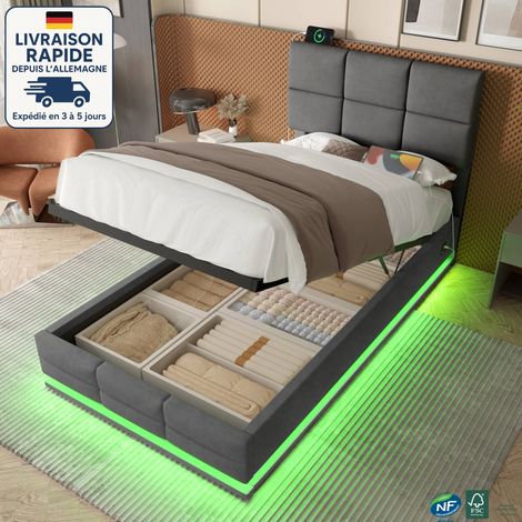 MODFU - Cama para adultos, canapé abatible, terciopelo, cabecero regulable, iluminación LED ambiental, puerto USB/Tipo C, compartimento de almacenamiento con elevación hidráulica (colchón no incluido) (1/5)