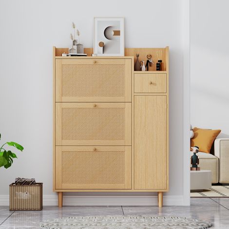 Meuble à chaussures en bois et rotin avec pieds massifs – 3 portes rabattables & 1 tiroir – Idéal pour les entrées étroites (1/5)