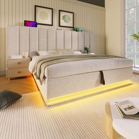 Cama matrimonial acolchada 160 x 200 con control LED por app y carga USB-C, beige, sin cabecera (1/5)