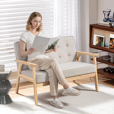 Sofá de 2 Plazas Tapizado en Lino Sintético Sofá Nórdico con Patas y Reposabrazos de Madera 113x67x78 cm Beige (1/5)