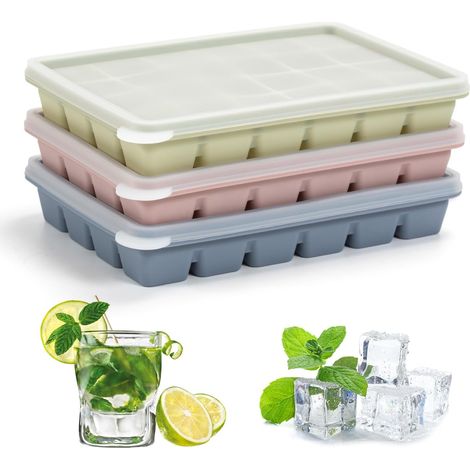 Set di 3 stampi per cubetti di ghiaccio in silicone con 24 scomparti quadrati e coperchi, senza BPA. Stampo riutilizzabile e senza BPA per preparare cubetti di ghiaccio per caffè, bevande fredde e gel (1/5)