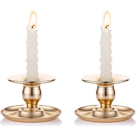 Bougeoir en Laiton Doré de 2 Pièces en Métal Chamberstick Convient Aux Chandelles, Chandeliers, Bougies Chauffe-Plats et Bougies Pilier - pour Présentoir de Fenêtre et Manteau (1/5)