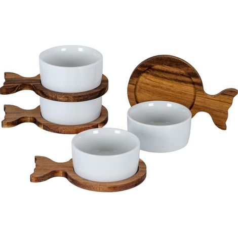Acacia Fishtail Serving Trays (Set of 4) with Bowls - Ceramic - L9 x W13 x H4 cm - Brown
