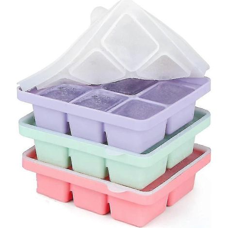 Bac à glaçons avec couvercle, lot de 3 (18 glaçons), moules à glaçons en silicone, grands, flexibles, empilables et faciles à utiliser. (1/5)