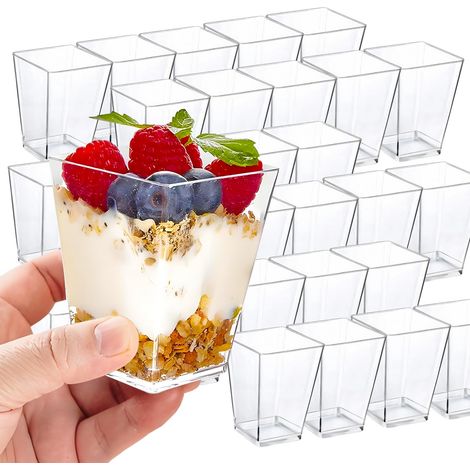 Lot de 25 verres à dessert, 160 ml, en plastique, gobelets à glace, réutilisables, carrés, pour dessert, pudding, mousse, buffet (1/5)