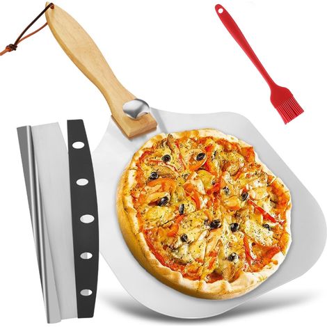 Pelle à Pizza, Pelle Pizza en Inox 30 cm Pizza Paddle en Aluminium avec Poignée Pliable Pizza Peel Set Avec Roulette à Pizzas et Pinceau à Huile pour Pizzas Pain et Pâtisseries (Argenté) (1/5)