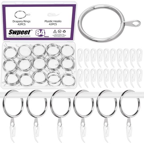 84Pcs 30mm Argent Bague de Rideau de Draperie en Métal avec Kit d'assortiment de Crochet de Rideau en Plastique, Bague d'oeillet Coulissant de Draperie, de Clip pour la Chambre à Coucher (1/5)