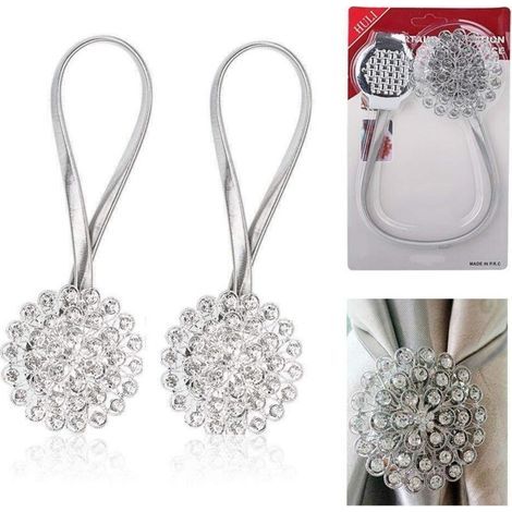 Lntyq Lot de 2 embrasses magnétiques en cristal pour rideaux - Clips en forme de fleurs et de diamants - Avec corde extensible - Décoration de maison ou de bureau (gypsophile argentée) (1/3)