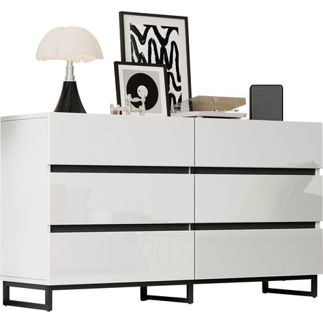 Buffet de salon 140 x 39,5 x 78,5 cm, meuble de salon avec 6 tiroirs, commode à finition brillante, meuble à 3 pieds métalliques, meuble d'appoint à excellente capacité de charge, blanc et noir (1/5)