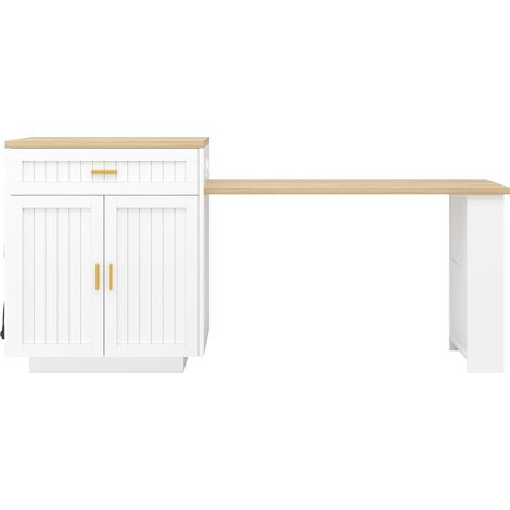 Îlot de cuisine extensible blanc 121,5–192 cm avec prise intégrée, tiroir et étagères (1/5)