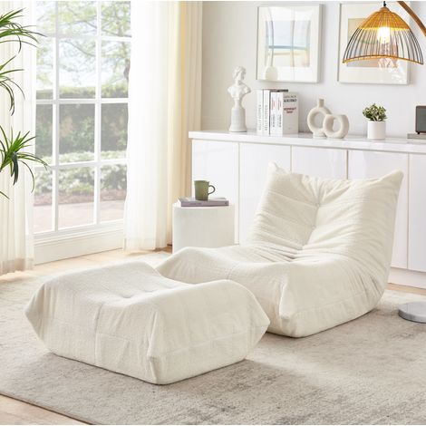 Fauteuil de sol en tissu teddy beige avec dossier inclinable et repose-pieds, rembourrage en mousse haute élasticité – idéal pour salon – de FLORAGRACE (1/5)