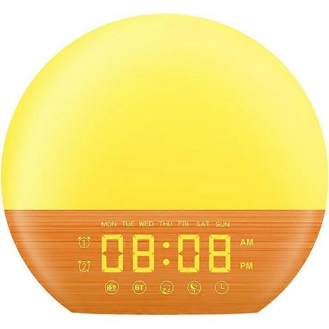 Radio FM imitation bois, veilleuse simulateur d'aube, aide au sommeil par bruit blanc au coucher du soleil, veilleuse LED colorée, réveil avec haut-parleur Bluetooth, coloris bois  (1/5)