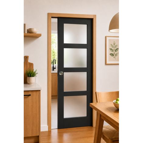 Porte Coulissante Telia Noir Vitrée H204 X L73 Cm, Galandage, Kit Finition (coquille Et Tire Doigt) Gd Menuiseries (1/5)