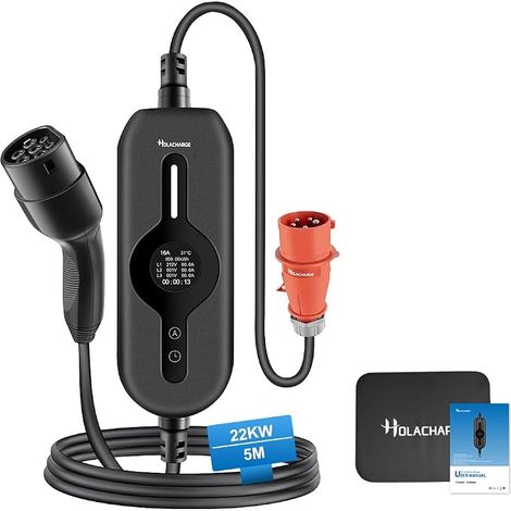 Type 2 Portable Charging Cable for Electric Car 22kW 5m Black with Controllable Digital Display and 3 Phase CEE Industrial Plug for IEC 62196-2 and PHEV/EV (1/3)