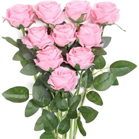 10 roses artificielles, bouquet de roses artificielles à tige unique, convient pour la décoration de la maison, des mariages et des fêtes (rose). (1/5)