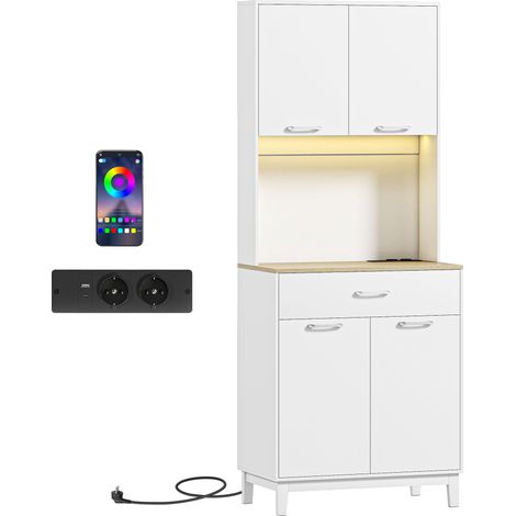 Credenza Moderna 71x40x180 cm con Luci LED Prese Elettriche e USB 2 Armadietti e Cassetto Bianco