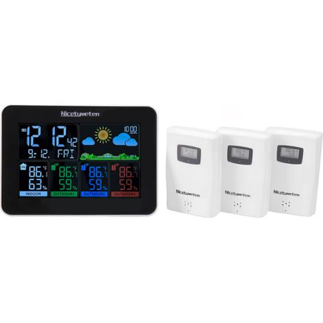 Horloge météo 3 voies + 3 capteurs de température et d'humidité + horloge + réveil + prévisions météorologiques + doigt de confort