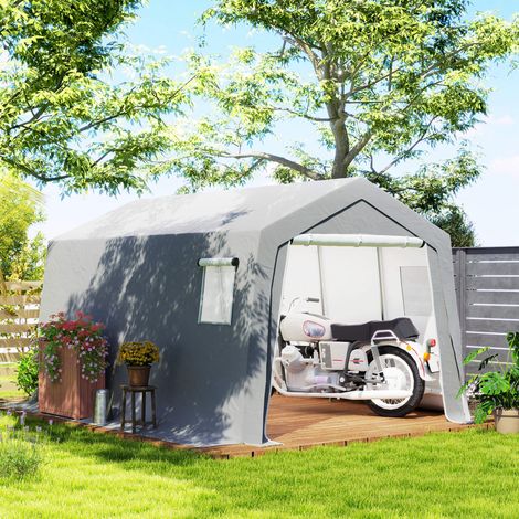 Caseta de jardín impermeable con techo a dos aguas, tienda de campaña con puertas y ventanas, 300x447x255 cm, gris claro.