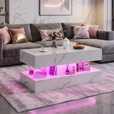 Table basse effet marbre 100x50 cm, avec double tiroir et éclairage LED RGB connecté contrôle via application, meuble de salon moderne, Blanc