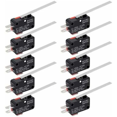 Packung mit 10 SPDT-Mikroschaltern (1Ö, 1SCH) mit Scharnierstift, lange Stift-Momenttaster, 3 Pins, für Arduino Long Ziming (1/5)