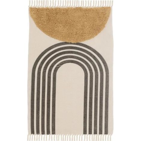 Tapis rectangulaire - JUANIO - Tissage plat imprimé - Beige-noir - 180 x 120 cm - Franges et pompons (1/3)