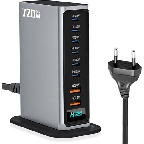 720 W USB-C Charger, 8 in 1 GaN Fast Charging Station for Laptops, Compatible PD140 W, 100 W/QC20 W (6C + 2A), with MacBook Pro/Air, iPad, iPh0ne, HP, Galaxy S25, etc. (1/5)