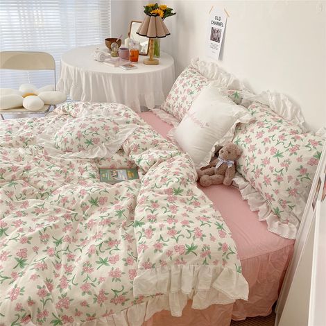 Parure de lit 3 pièces en Dentelle pour Fille avec Housse de Couette à Volants - 100% Coton - Style Princesse élégant - Lit jumeau - Rose (1/5)