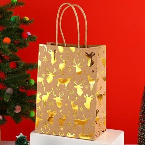 BUNTHAUS Lot de 12 sacs cadeaux en papier kraft de Noël, estampés à chaud, avec poignées, pour emballage de fête de Noël, Nouvel An (élan)
