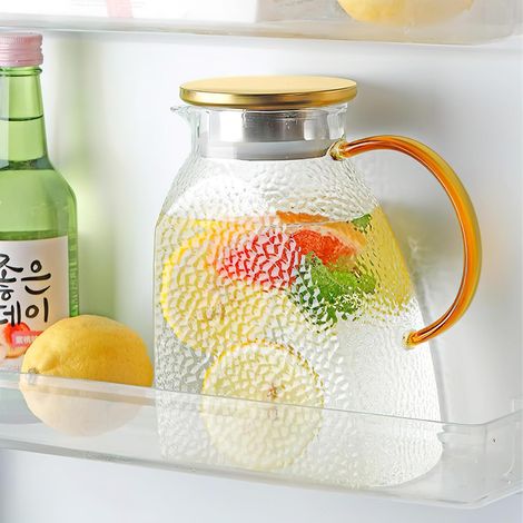 Jarra de agua de 1,8 l con tapa, de vidrio de borosilicato, para té helado, con asa para infusor de frutas, té helado, café caliente y leche.