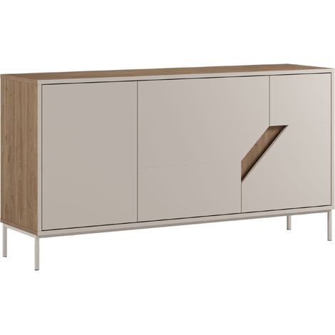 Buffet 3 portes 150cm en mélaminé beige et imitation bois avec découpe graphique oblique - ANOUK