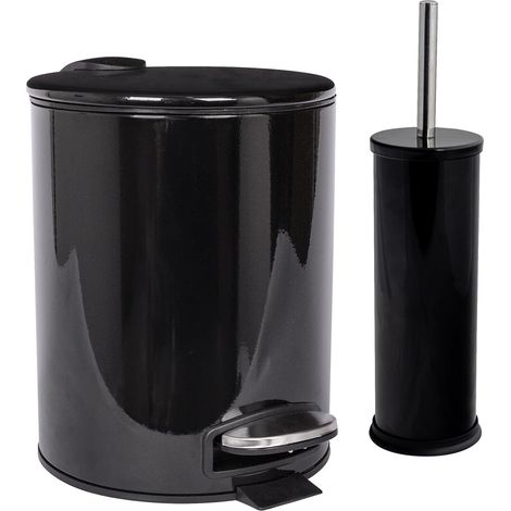 Ensemble 2 pièces poubelle à pédale 5L et brosse WC en acier inoxydable finition noire (1/5)